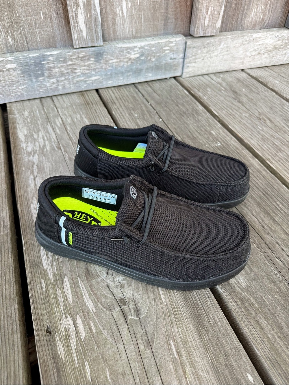 Hey Dude Black Loafers with Neon Lime Insole